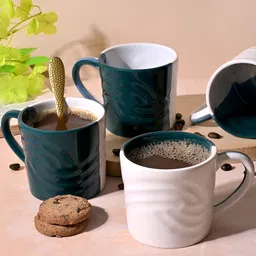 Storepedia White & Green 4 Pieces Textured Ceramic Matte Cups 200ml Each-12