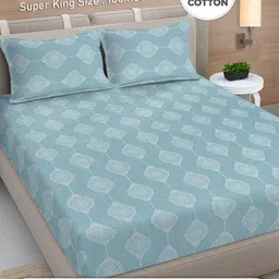 FABINALIV Turquoise Blue Printed Pure Cotton 300TC Super King Bedsheet Set 2.70 m x 2.70 m-image-27