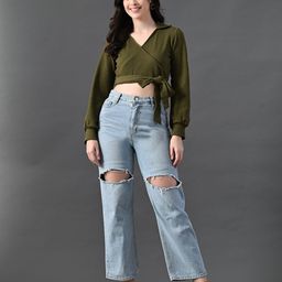 DressBerry Women Ribbed Shirt Collar Wrap Crop Top-image-79