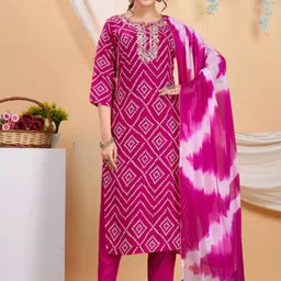 Vidusha Bandhani Printed Pure Cotton Notch Neck Straight Kurta With Trousers & Dupatta-picture-14