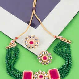 Anouk Gold-Plated And Green Kundan Studded And Beaded Choker Necklace And Earrings-4