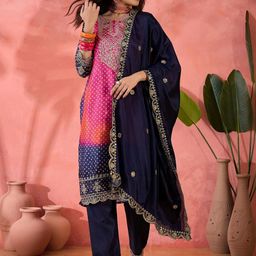 MANVAA Women Bandhani Embroidered Sequinned Kurta with Trousers & Dupatta-image-79