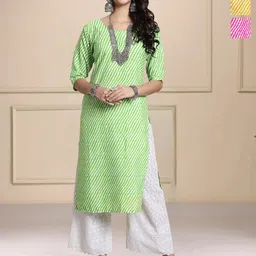 HERE&NOW Selection Of 3 Leheriya Printed Round Neck Straight Kurtas-image-65