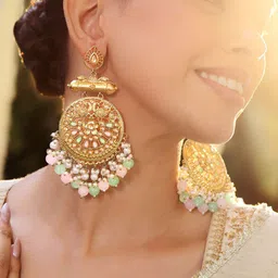 Rubans 18K Antique Gold-Plated Brass Peacock Motif Big Chandbali with Pearl & Pastel Beads-picture-14