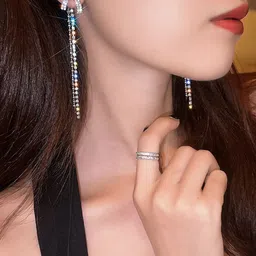 VAGHBHATT Silver-Plated Rhinestone Studded Bow Design Drop Earrings image 2