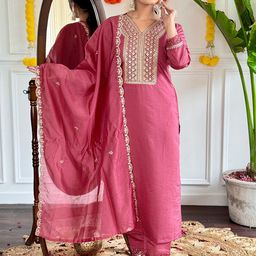 Moda Rapido Floral Yoke Design Chanderi Silk Straight Kurta With Trouser & Dupatta-picture-16
