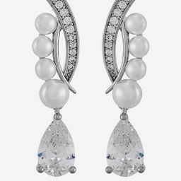Kushal's Fashion Jewellery Rhodium-Plated Contemporary Zircon & Pearl Drop Earrings-picture-35