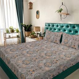 Arrabi Beige & Grey 350 TC King Bedsheet with 2 Pillow Covers-47