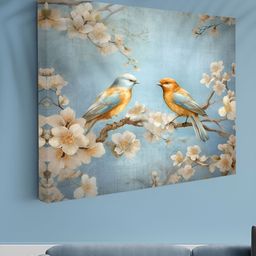 Aura Blue & Orange Colored Birds Printed Canvas Wall Art-image-78