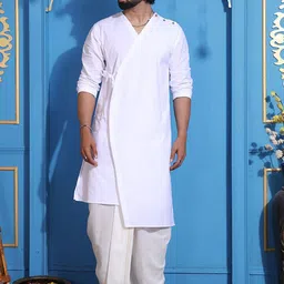 MIDAV Men Flared Sleeves Thread Work White Romance Pakistani Style Kurta-image-85