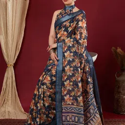 KALINI Blue Linen Blend Printed Sarees-image-71