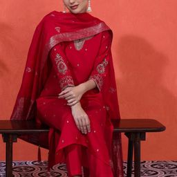 Sangria Women Embroidered Straight Kurta With Trousers & Dupatta-31