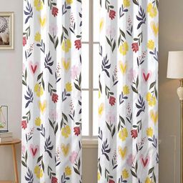 ANA White & Yellow Set of 2 Floral Room Darkening Long Door Curtain-29