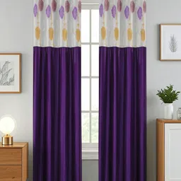 Aura Purple And White 2 Pieces Floral Printed Sheer Long Door Curtains-image-7