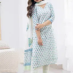 THE FAB FACTORY Floral Printed V-Neck Straight Kurta With Trousers & Dupatta-image-28