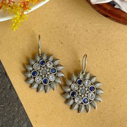 NAMAN ARTS Silver-Plated Oxidised Artificial Stones Studded Floral Shaped Drop Earrings-picture-45
