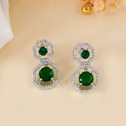 Silvermerc Designs Silver-Plated American Diamond Studded Square Brass Drop Earrings-picture-7