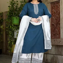 KALINI Women Ethnic Motifs Embroidered Regular Pure Cotton Kurta with Palazzos & Dupatta-image-49