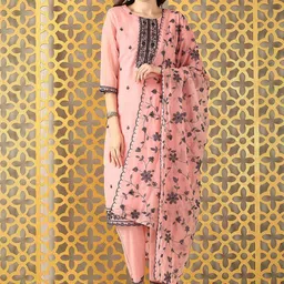Anouk Floral Embroidered Round Neck Thread Work Organza Kurta With Trousers & Dupatta-image-60