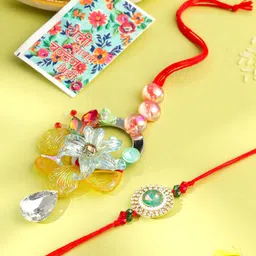 Sangria Set Of 2 Stones & Pearls Bhaiya Bhabhi Rakhi with Roli Chawal Chandan & Mishri-16