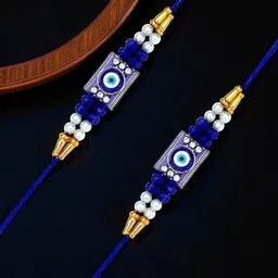 ADIVA Set Of 2 Cubic Zirconia Studded & Beaded Rakhi With Pooja Thali Roli Chawal-image-29