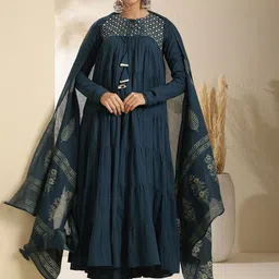 KIMAYRA Women Floral Embroidered Cotton Anarkali Pleated Kurta with Trousers & Dupatta-picture-25