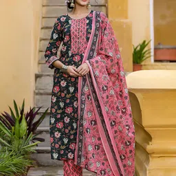 KALINI Floral Printed Round Neck Straight Kurta With Trousers & Dupatta-28