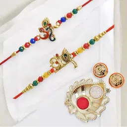 MEIRA JEWELLERY Set Of 2 Stone-Studded & Beaded Rakhi With Greeting Card Gift Set-image-80