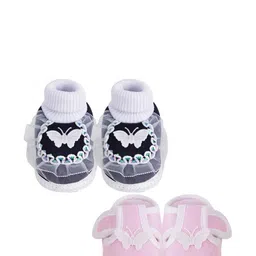 NESKA MODA 3 To 12 Months Infants Set of 2 Pair Cute Cotton Butterfly Frill Booties image 3