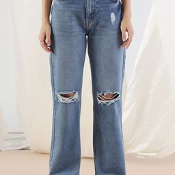 Mast & Harbour Women Classic Wide Leg High-Rise Slash Knee Jeans-image-9