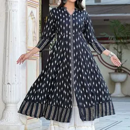 YASH GALLERY Ikat Printed Mandarin Collar A-Line Kurta-picture-31