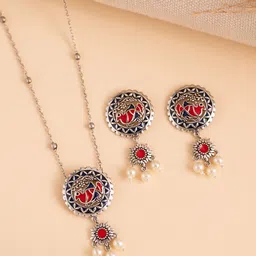 Voylla Madhubani Pakhi Phool Oxidised Enamel Pendant Set-42