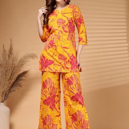 HERE&NOW Women Cotton Mustard Floral Print Co-ords Set-picture-22