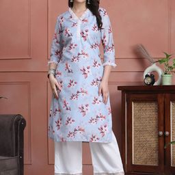 JABAMA Floral Printed V-Neck Straight Pure Cotton Kurta With Trousers-image-6