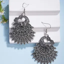 Anouk German Silver Plated Oxidised Peacock Shaped Drop Earrings-43
