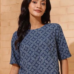 Fabindia Women Abstract Printed Round Neck Cotton Top-image-47