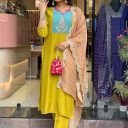 KALINI Embroidered Notch Neck Kurta With Trousers & Dupatta-picture-19