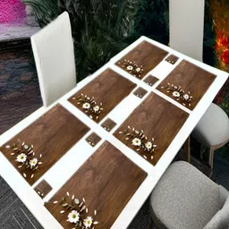 REVEXO 12Pc Brown & White Printed Non Slip Table Placemats With Coasters-2