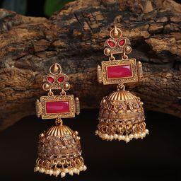 DIVASTRI Gold-Plated Artificial Stones Studded And Beaded Dome Shaped Jhumkas-image-14