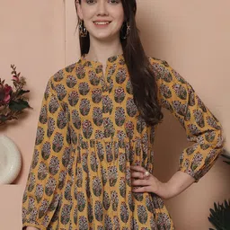 Merira Women Floral Jaipuri Printed Gathered or Pleated Mandarin Collar Cotton Empire Top-image-67