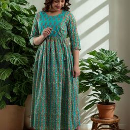 Vaidiki Floral Printed Cotton Round Neck A-Line Kurta-image-96