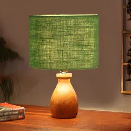 Devansh Green & Brown Wooden Cylindrical Shaped Table Lamp-26
