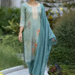ZIRVI Sea Green Floral Kurta Set with Embroidered Neckline & Dupatta-picture-40