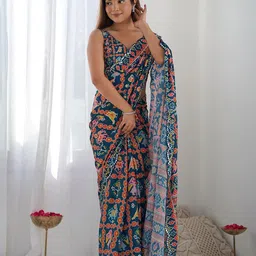 Anouk Abstract Printed Mirror Work Embroidered Border Ikat Saree-17