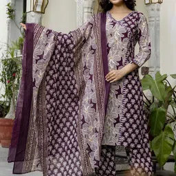 EthniFlair Floral Printed V-Neck Pure Cotton Angrakha Kurta With Patiala & Dupatta-picture-54