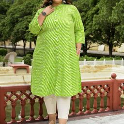 SINSINI Plus Size Leheriya Printed Mandarin Collar Pure Cotton A-Line Kurta-14