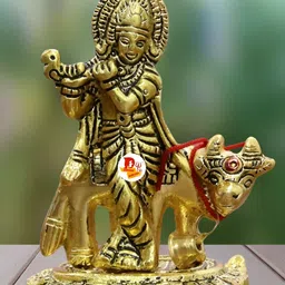 DARIDRA BHANJAN Gold-Toned Krishna With Cow Religious Idol Showpiece-image-24