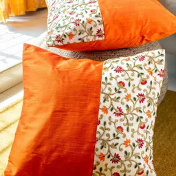 PILOVILO White & Orange 2 Pieces Floral Embroidered Silk Square Cushion Covers-picture-6