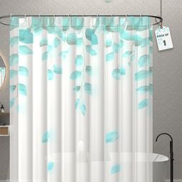 Kuber Industries Aura White & Green Leaf Printed Waterproof Shower Curtains With 12 Rings-15