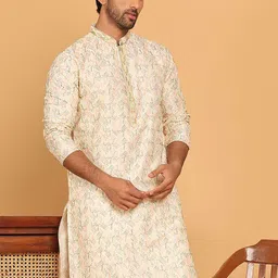 Anouk Cream Floral Geometric Embroidered Thread Work Mandarin Collar Straight Kurta-image-38
